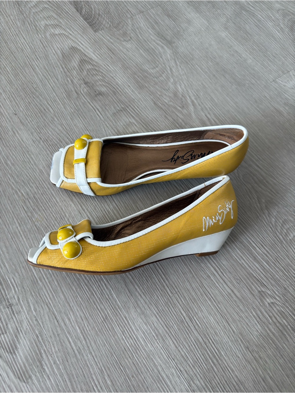 miss sixty yellow peep toe low wedges